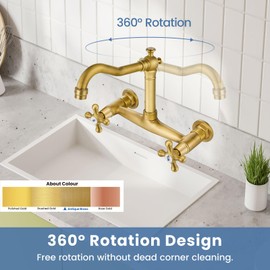 Airuida Wall Mounted 8 Inch Center Kitchen Sink Faucet Commercial Wall Mount Kitchen Tap Double Cross Handles 360 Rotatable Spout for Utility Laundry Restaurant Vintage Spout Antique Brass