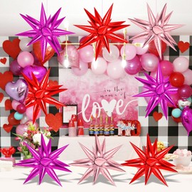 72 Pcs Pink Red Rose Gold Star Balloons, Big 26 Inch Explosion Starburst Foil Cone Balloons, Valentines Day Theme Balloons, 12 Point Large Balloons for Party Birthday Decorations Supplies