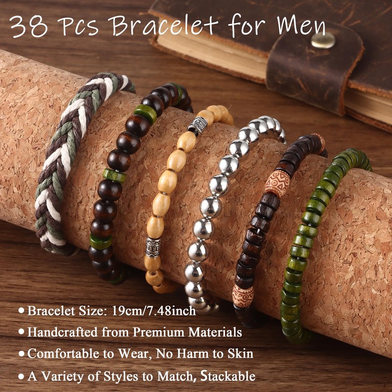 Jewdreamer 38Pcs Punk Wooden Beads Bracelets Gothic Bracelet for Men
