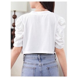 OYOANGLE Girl's Puff Short Sleeve Cropped Cardigan Open Front Bolero Shrug Cardigans White 12Y