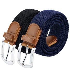 Maikun Braided Elastic Belt Stretch Woven Strap, Metal Pin Buckle Multi Colors, 2 Pack Black Blue Waist 36'' and Below