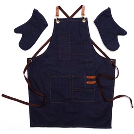 Stephanie Imports Unisex Kitchen Apron With Pockets & Oven Mitts (Blue Denim - Child)