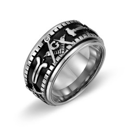 Masonic Symbol Band Ring, Punk Masonic Spinner Ring for Men, Stainless Steel Master Mason Ring Silver Freemason Symbol Jewelry, Square and Compass Ring Rock Masonic Compass Ring for Boys (S)