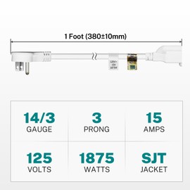FIRMERST 1875W Flat Plug 1Ft Extension Cord 15A for Home Appliance White (3 Packs) | FIRMERST