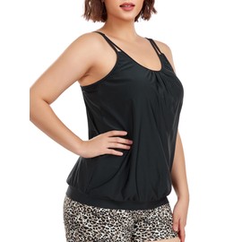 Ocean Blues Women's Black Plus Size Tankini Top Only Blouson Tummy Control Tankini Bathing Suit Top Size X-Large