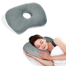 Ear Piercing Hole Pillows Side Sleeper Pillow with an Ear Hole for CNH Side Sleepers and Ear Inflammation Pressure Sores, Adjustable Cotton and Polyester Curved Side Pillow, Gray Skew Grid