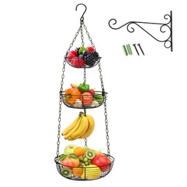HULISEN 3 Tier Hanging Fruit Basket with Banana Hook, Heavy Duty Wire Hanging Baskets for Kitchen Storage, 36 Inch Hanging Vegetable Produce Basket Organizer (Including Installation Bracket)
