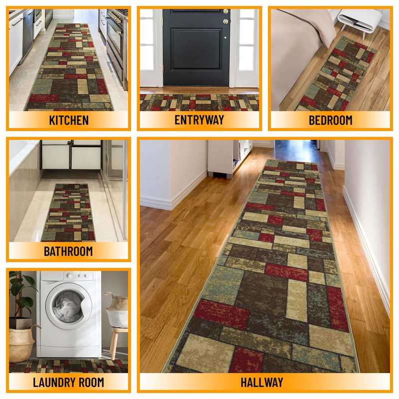 Machine Washable Boxes Design Non-Slip Rubberback 3x10 Traditional Runner Rug