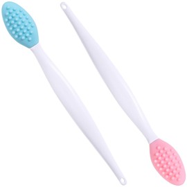 Winsyison 2pcs Silicone Lip Scrub Brush, Double-Sided Lip Exfoliator Brush for Dark Lips, Oval Lip Scrubber Tool for Removing Dead Skin- Pink & Blue