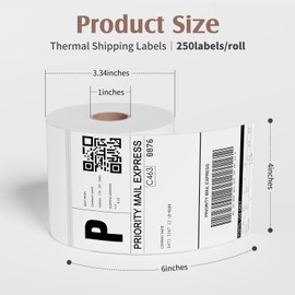FITBAGY 4"x 6"Direct Thermal Labels Roll White Barcode Printer Paper Shipping Labels Commercial Grade 250 Labels/Roll (1 Roll)
