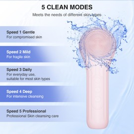 5 Modes Silicone Face Scrubber, Waterproof Face Scrubber Exfoliator for Men & Women, Rechargeable Electric Facial Cleansing Brush for Deep Cleansing, Exfoliating, Massage (Pink)