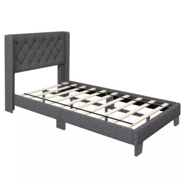 COSTWAY Twin Size Modern Upholstered Headboard Bed Frame With Button Tufted Headboard