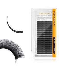 NAGARAKU Eyelash Extension Classic Individual 1:1 Eyelash Volume Individual Eyelashes Natural Semi Permanent Soft Eyelash Accessories Matte Black Single Lash Extension 16 Rows 0.05 mm C Curl 11 mm