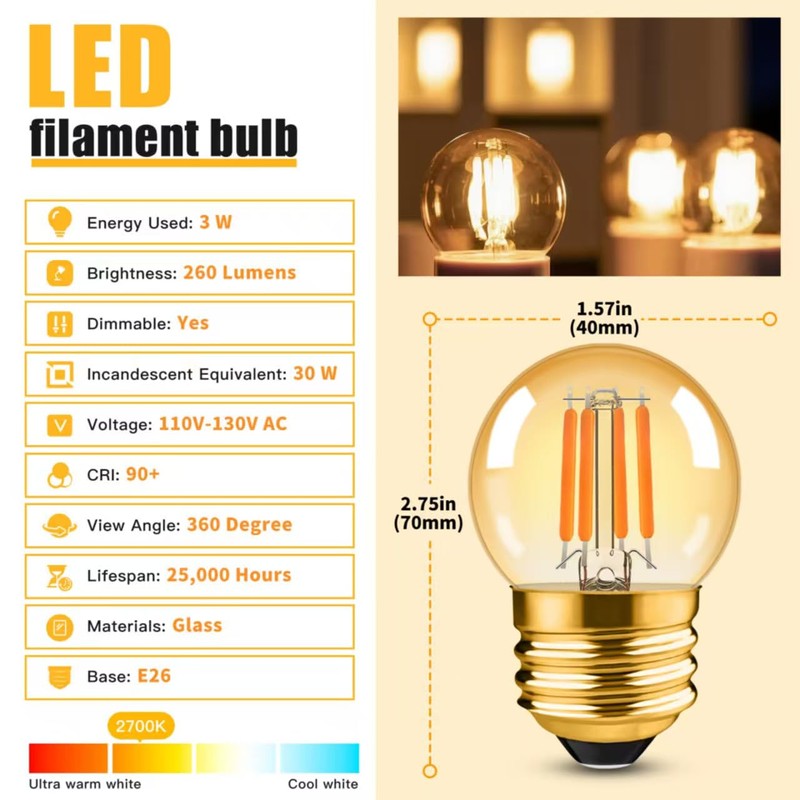 G40 Dimmable Amber LED Bulbs, 3W (25W Eq), E26, 2700K