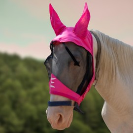 XE Horse Fly Mask with Ears –Breathable Mesh Horse Mask for UV Protection and Equine Fly, Standard Equestrian Pink Horse Fly Mask (Pink, Cob (M))