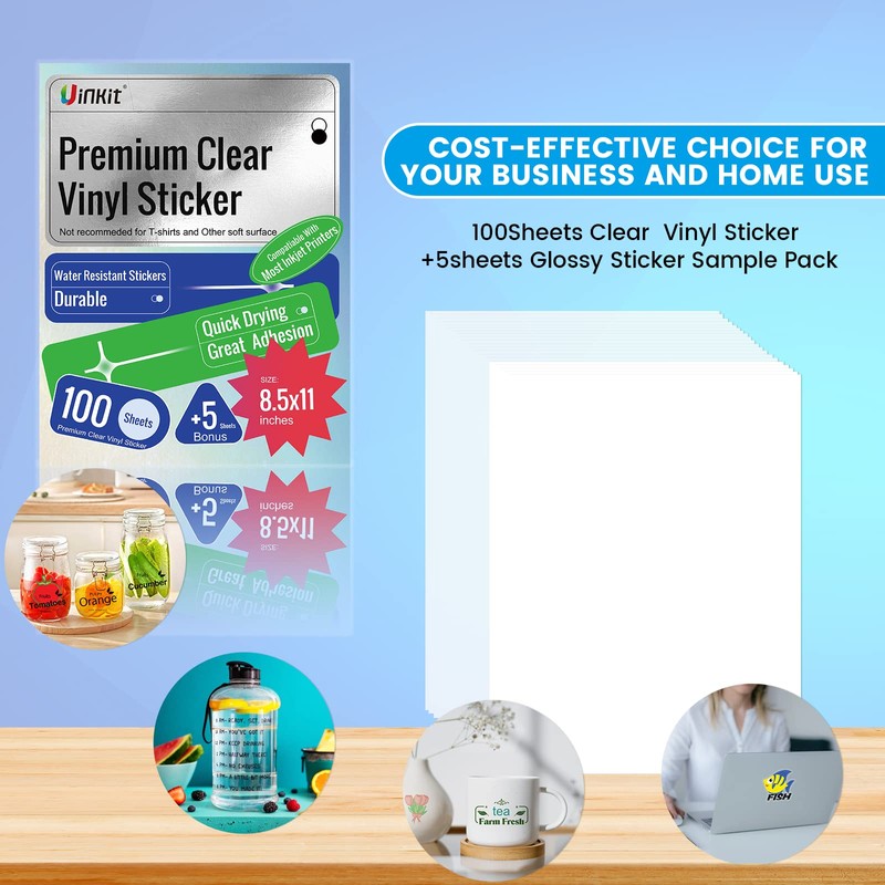 Uinkit 105Sheets Premium Clear Vinyl Sticker Paper for Inkjet Printer