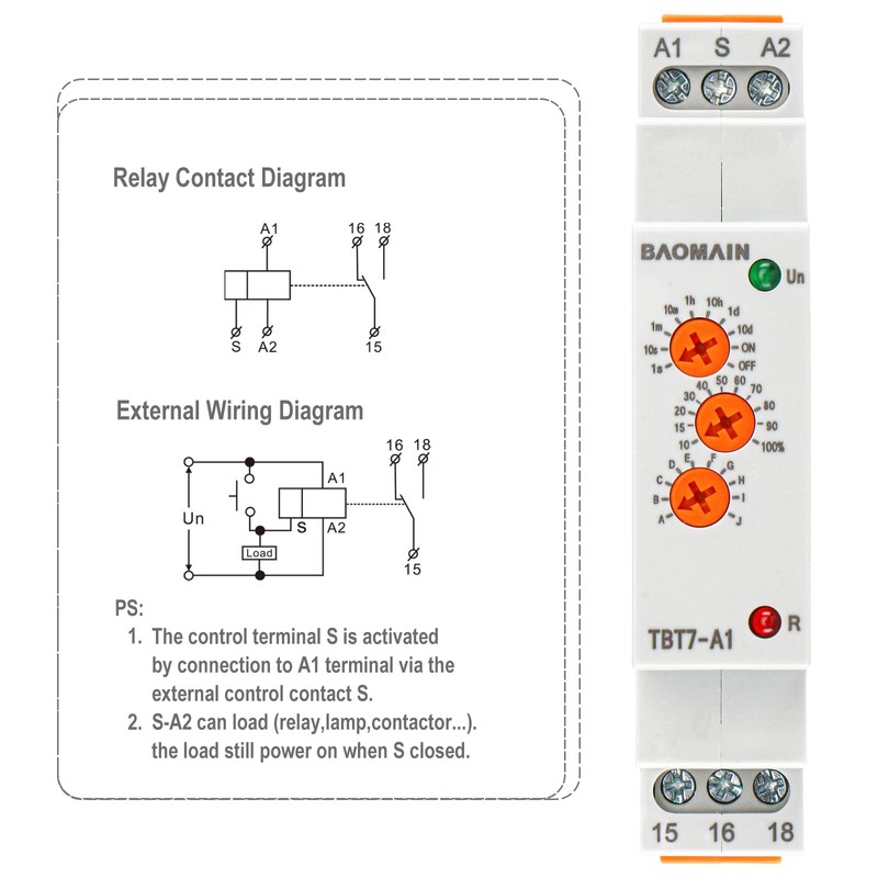Baomain Multi-Function Time Relay, 16A SPDT 10-Functions, DIN Rail Mounting
