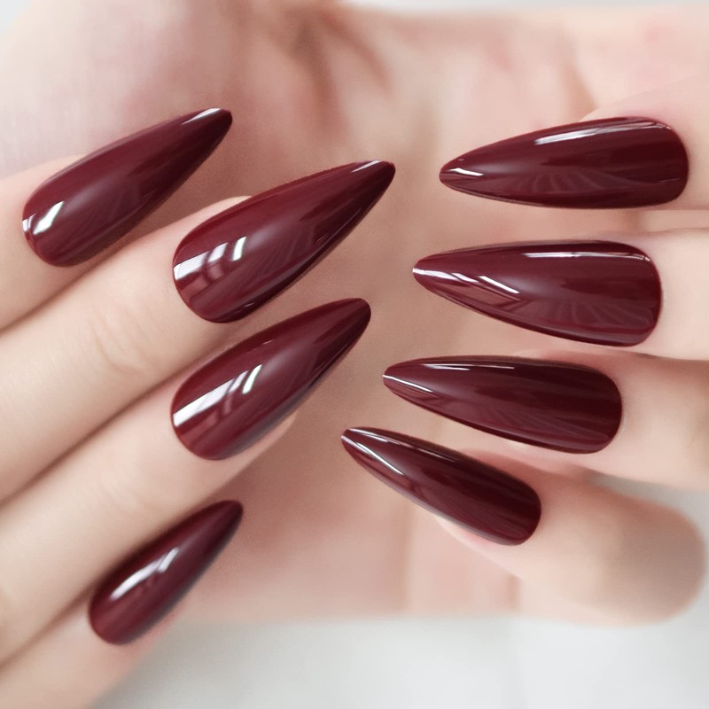 24pcs Dark Burgundy Press On Fake Nails Medium Long Stiletto