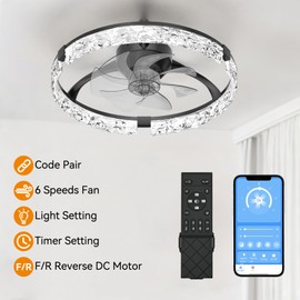 Ceiling Fans with Lights and Remote, 20" Low Profile Flush Mount LED Ceiling Fan with Light 6 Wind Speeds Night Lights 3000K-6500K Dimmable Foldable Fandelier Light for Bedroom Living Room