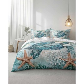 LooPoP Duvet Cover Set California King Size Sea Turtle Comforter Sets 3 Pieces, Teal Starfish Marine Life Bedding Set with Zipper Closure and 2 Pillow Cases, Soft Lightweight Bed Covers Bedroom Decor