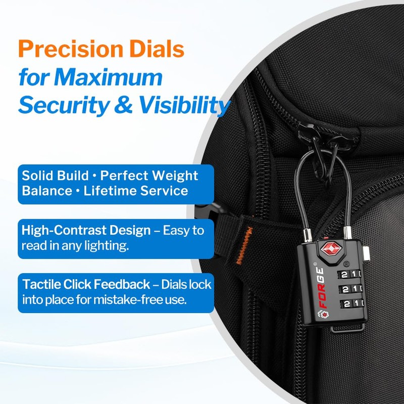 TSA Approved Cable Luggage Locks, Re-settable Combination with Alloy Body,
