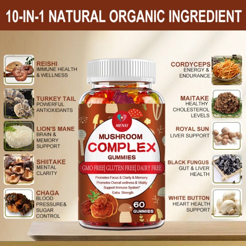 MENXI Mushroom Extract Complex Gummies Lions Mane Chaga Reishi Focus