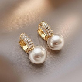 Gold Pearl Hoop Drop Earrings for Women 14k Gold Plated Non Tarnish Hypoallergenic Small Dainty Trendy Huggie Hoop Earrings Jewelry Gifts