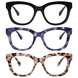 KSSESSE Reading Glasses for Women Men Square Oval Readers with Spring Hinge Thick Frame Style (Black/Demi White/Demi Blue-Clear Lens, 1.50, x)