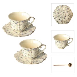POWDONUNT Vintage Floral Porcelain Tea Cup and Saucer Set with Spoon, Gold Trim, 6.4 oz – Set of 2, Beige – Tea & Espresso & Coffee Cups (2, Beige)
