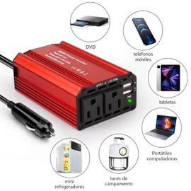 Inversor de Corriente Portátil 300W, 12V a 110V Auto de Conector del Encendedor, Convertidor Inversor de Coche Inteligente Núcleo de Cobre Puro, Apto para Aventuras, Viajes Largos, Picnic, Playa, Rojo