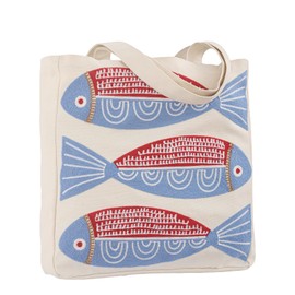 Perseverance Trade Ocean-Themed Embroidery Tote Bag for Women Summer Canvas Beach Bag with Magnetic Buckle and Zipper Inner Pocket Reusable Cotton Bag for Shopping Grocery Book Gift Gym(Blue Fish)