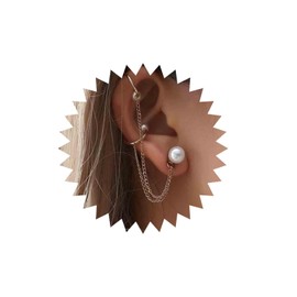 Aneneiceera Boho Pearl Ear Cuff Earrings Gold Tiny Pearl Studs Long Chain Climber Crawler Earrings Pearl Cuff Wrap Pearl Clip On Earrings Jewelry for Women
