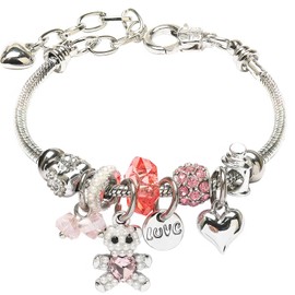 DS Charm Bracelets for girls,exquisite cute cartoon friendship Silver bracelets Stainless Steel Bangle with birthday Gift box, Adjustable girls jewelry Suitable for holiday gifts (Silver-bear)