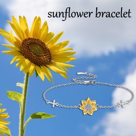 CUPENDA Sunflower Bracelet For Women Sterling Silver Spinner Sunflower Cross Bracelets Jewelry Christian Gift