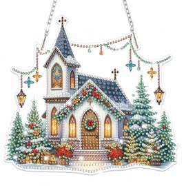 Bowetile Church Diamond Art Hanging Kits for Adults Kids, Christmas Diamond Art Suncatchers, 5D Special Shape Diamond Painting Pendant Window Ornament Christmas Gifts for Home Door Wall Decor