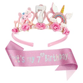 LunarCharm 7th Birthday Headband Flower Birthday Crown and Glitter Sash for Girls 7th Birthday Decorations for Girls Birthday Party Decorations