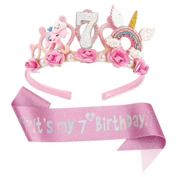 LunarCharm 7th Birthday Headband Flower Birthday Crown and Glitter Sash