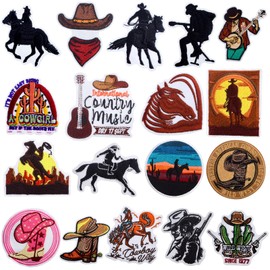 18pcs Western Cowboy Iron/Sew On Patches Retro Cowgirl Hat Boot Horse Embroidered Repair Appliques Decorative Accessories for DIY Clothing Shirts Backpacks Jeans Jackets Crafts