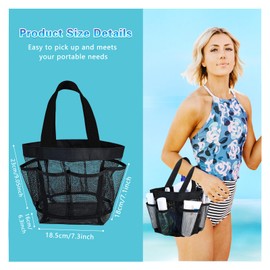 Fidqiog 1 Pcs Shower Caddy, Black Nylon Mesh Toiletry Bag, 8 Pockets for Toiletries, Beach Bag, Business Trips and Dorm Room Essentials, Shower Caddy Portable