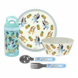 Zak Designs 5-Piece Dinnerware Set, Bluey - Durable Plastic & Stainless Steel - Includes Water Bottle, 8-Inch Plate, 6-Inch Bowl, Fork & Spoon - Suitable for Kids Ages 3+