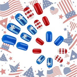 4th of July Press on Nails Medium Coffin Red Blue Fake Nails with Glitter Designs Independence Day False Nails Glue on Nails Reusable America Patriotic Acrylic Nails for Women Girls Manicure Art 24pcs