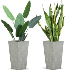 2 Pcs Pack Heavy Duty Plastic Resin 21 Inches Tall Tapered Planter Pots Large Square Planter Flower Pot with Drainage Holes for Indoor Outdoor Deck Porch Garden Home Patio Front Door (Light grey, M)
