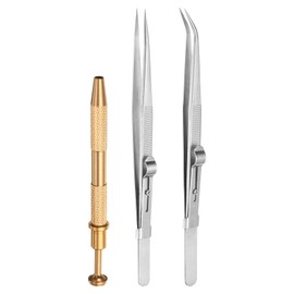 HARFINGTON 3pcs Diamond Tweezer Holder Pick Up Tool Set Stainless Steel 4 Claw Holder Straight/Elbow Head Jewelry Locking Tweezer for Tiny Objects Electronic Components, Silver/Gold