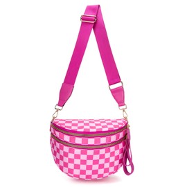 FFEDAYUN Checkered Bum Bags for Women Nylon Crossbody Bag Large Fanny Pack Oversized Slouchy Belt Bag Spacious Checkered Purse with Adjustable Shoulder Strap,Purple Pink