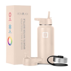 IRON °FLASK Camping & Hiking Hydration Flask, Wide Mouth, 3 Straw Lids, Stainless Steel Outdoor Water Bottle, Double Walled, Insulated Thermos, Metal Canteen - Sand, 32 Oz