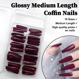Lifextol 120pc Coffin Press on Nails Medium Length Colored Long Ballerina Fake Nails Full Cover Acrylic Tips False Artificial Fingernails Deep Burgundy Medium Coffin Presson Nails for Women Girls