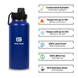 Beazyness 'universeBottle' Stainless Steel Drinking Bottle - BPA-Free - Leak-Proof - Suitable for Carbonated Drinks - Insulated Bottle with Screw Cap for Fitness, Outdoor (Blue, 950 ml)