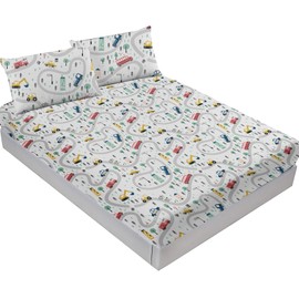 Yasida Car Sheet Sets for Kids Cute Cartoon Truck Bed Full Size Fitted Sheets Boys 3D Plants Print Bedding Set Soft Microfiber Bedroom Decor(3pc)