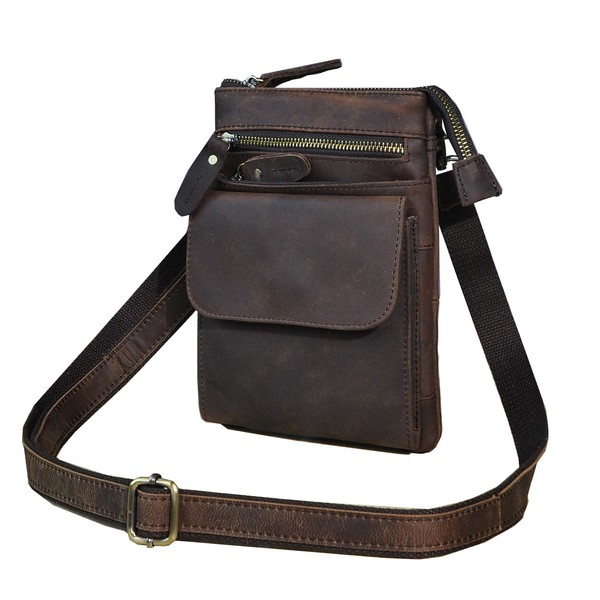 Le'aokuu Mens Genuine Leather Small Messenger Shoulder Satchel Phone Pouch Belt Fanny Waist Bag Pack Z 6553 Brown