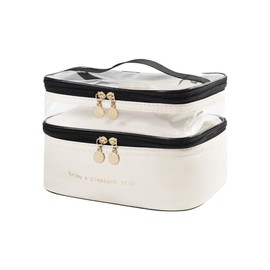 Travel Cosmetics Bag Waterproof Large Capacity - Makeup Toiletry Organiser with Double Zipper, Portable Washable Cosmetic Case for Women Men, Fashion Travel Accessories Storage Pouch (Cream)